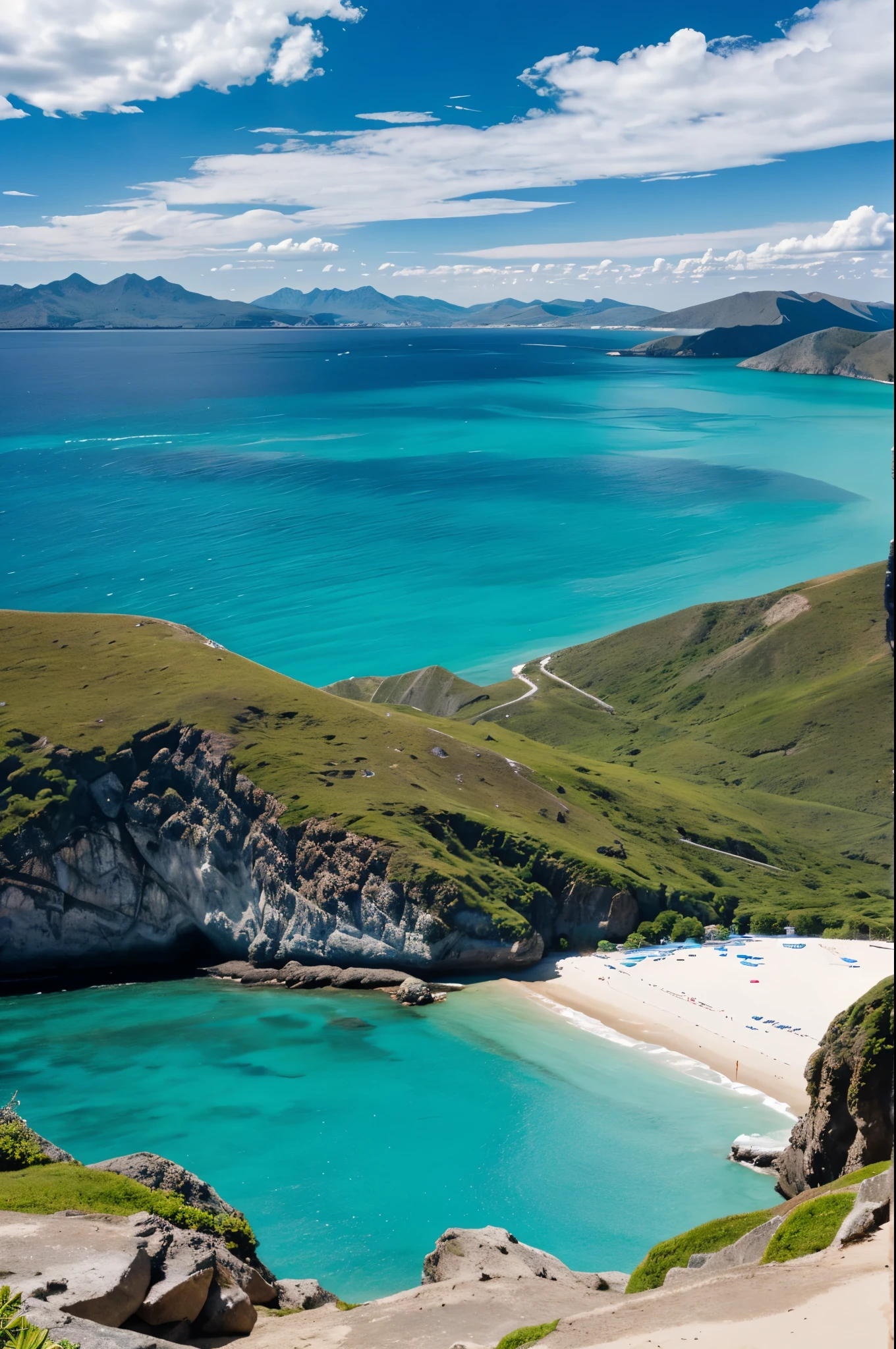 A beach between mountains with clouds and blue water
