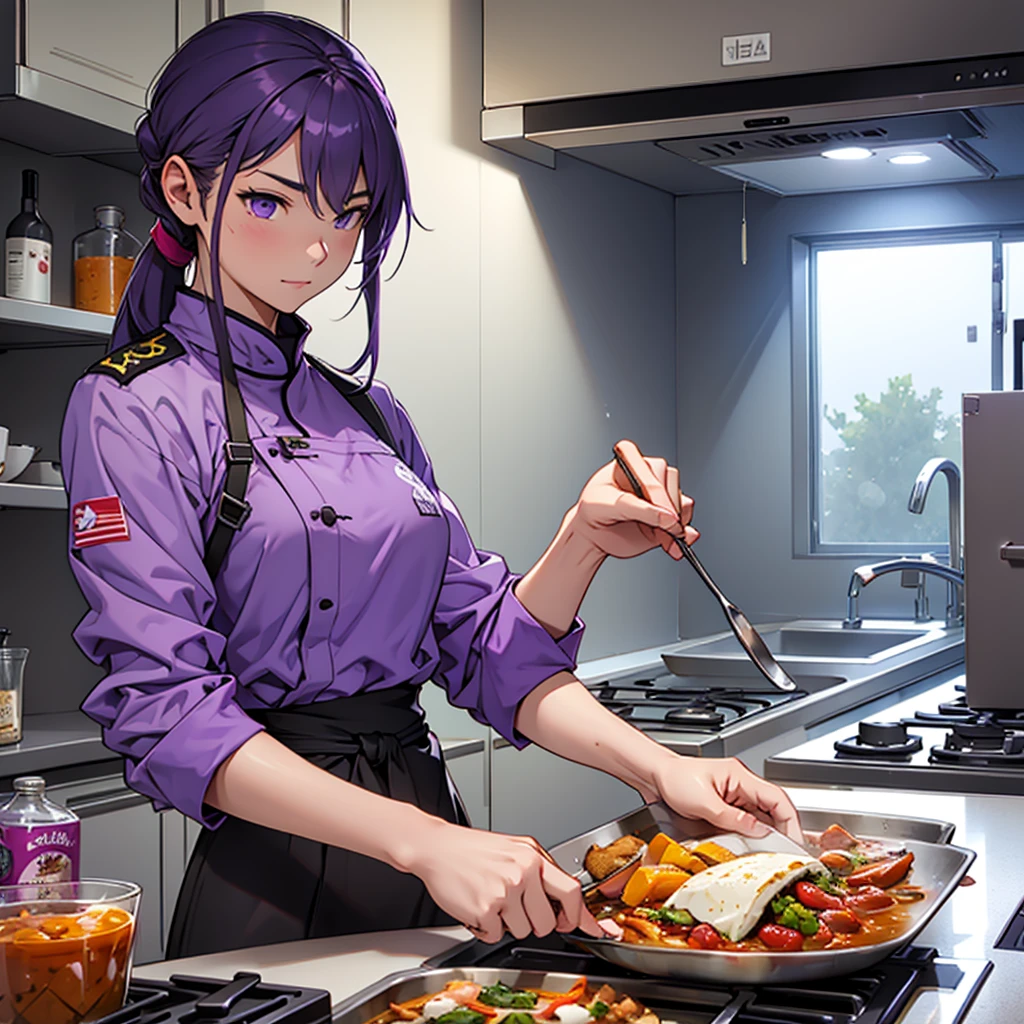 A cool female commander in purple clothes、Create an image of you cooking in your room alone。