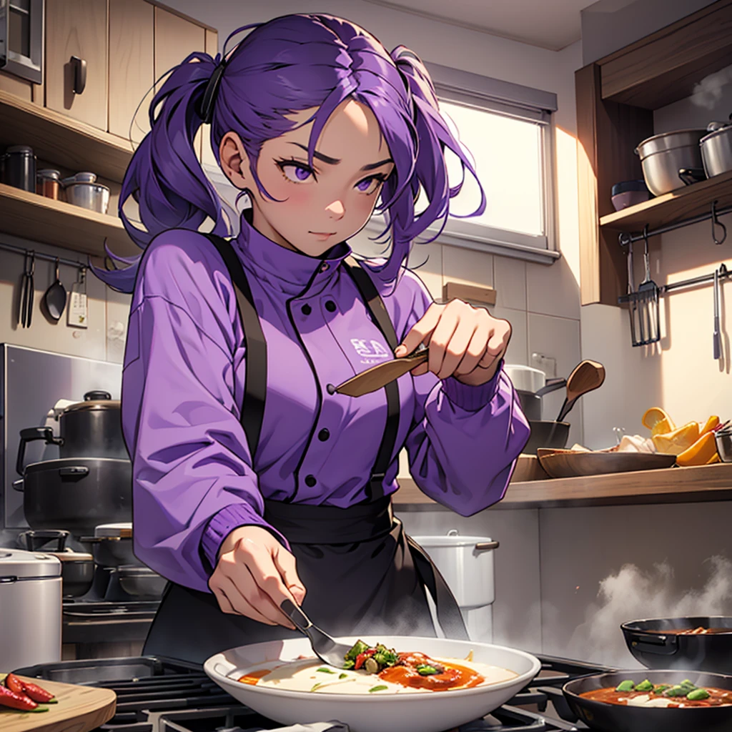 A cool female commander in purple clothes、Create an image of you cooking in your room alone。