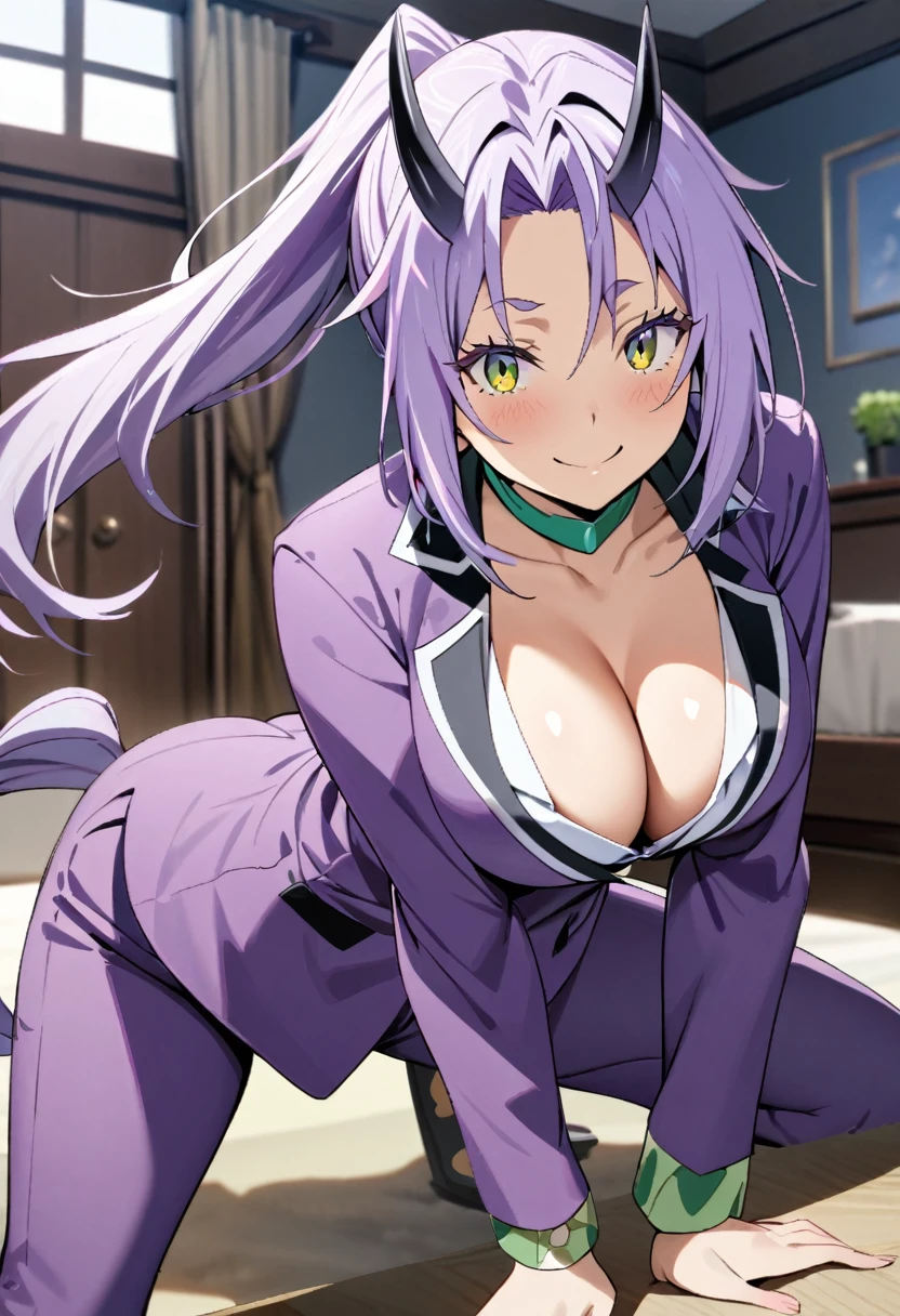 1girl, shion \(tensei shitara slime datta ken\), tensei shitara slime datta ken,One black horn growing out of the forehead,purple hair,pony tail,purple blazer,green collar,longsleeve,cleavage,purple pants suit,room,smile,confident,masterpiece, best quality, absurdres,