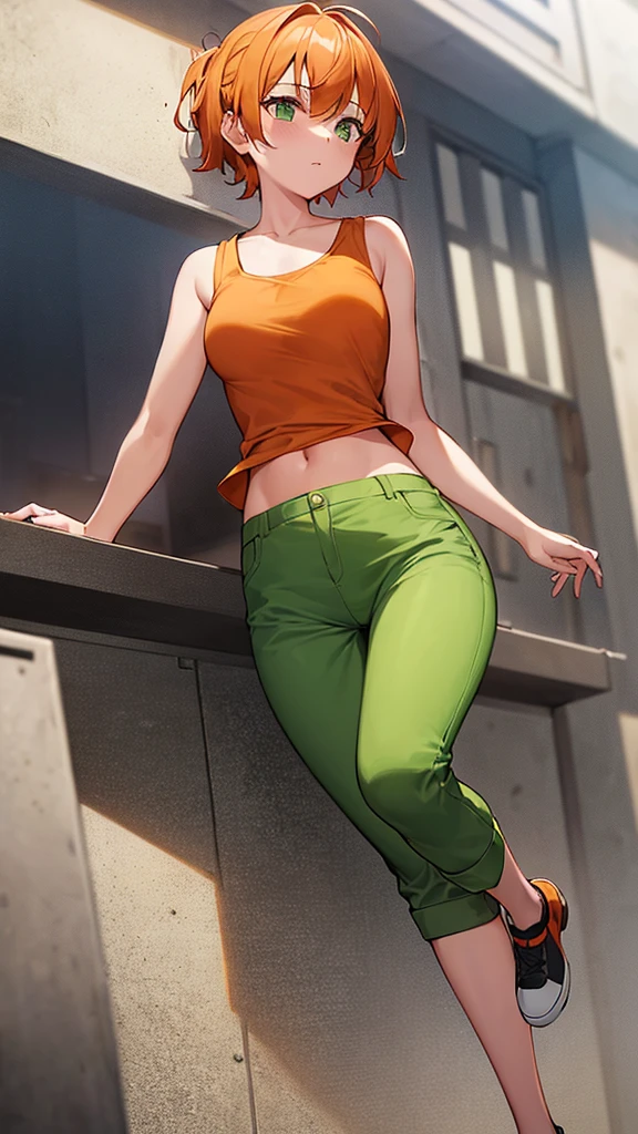  wide hips, thighs, Vicky, ponytail, lipstick, midriff, 1girl, green crop top, pink eyes, micro short denim, orange hair ,solo girl, sitting, crossing legs high heels