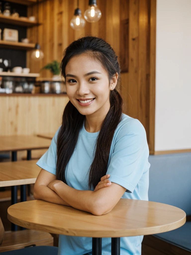 her name is Olivia, high quality, 1girl, ((27-year-old fit Filipna woman)),((Filipina nose)), ((27 years old)), ((BODY TYPE: HOURGLASS)), ((Ponytail HAIR)), ((EYE COLOR: Light blue)), Smiling, pose: SITTING and ARMS CROSSED, wearing Casual Shirt and Short Generation-Z modern wear VARIETY colored, BACKGROUND: " Indoor: A small cafe with warm lighting, wooden tables, and the smell of freshly brewed coffee."