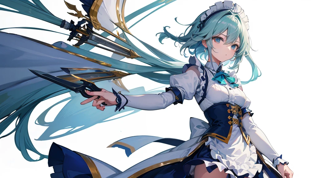 (Highest quality)　(4K)　(8k)　(High resolution)　(masterpiece:1.2)　(Super detailed)　One girl　Sakuya Izayoi　Hold the knife　Serious　White Background　Blue outfit