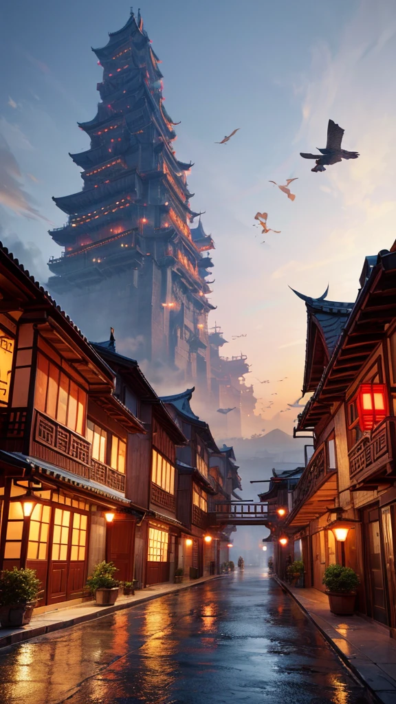 arafed view of a village with a lot of lights on the buildings,Color (Fantasy: 1.2), (cyberpunk chinese ancient castle,), (irregular red building floating on the cloud), patchwork cottages, flower decorations, lights, chinese city, (sky city), ross tran, light shafts, realistic lighting, masterpiece, high quality, beautiful graphics, high detail, masterpiece, high quality, beautiful graphics, high detail, , flying birds in the sky, unreal engine 5, --v6