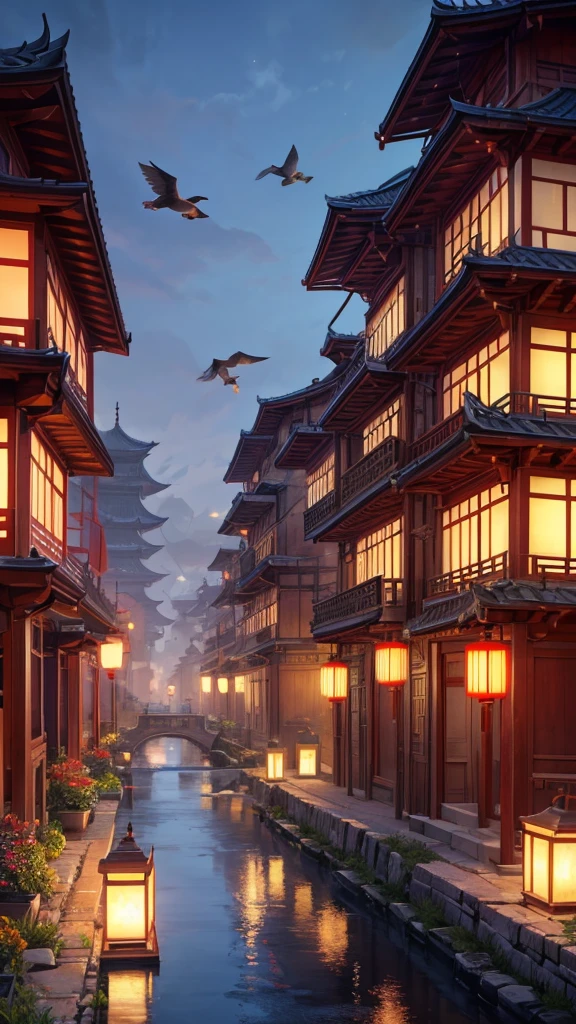 arafed view of a village with a lot of lights on the buildings,Color (Fantasy: 1.2), (cyberpunk chinese ancient castle,), (irregular red building floating on the cloud), patchwork cottages, flower decorations, lights, chinese city, (sky city), ross tran, light shafts, realistic lighting, masterpiece, high quality, beautiful graphics, high detail, masterpiece, high quality, beautiful graphics, high detail, , flying birds in the sky, unreal engine 5, --v6