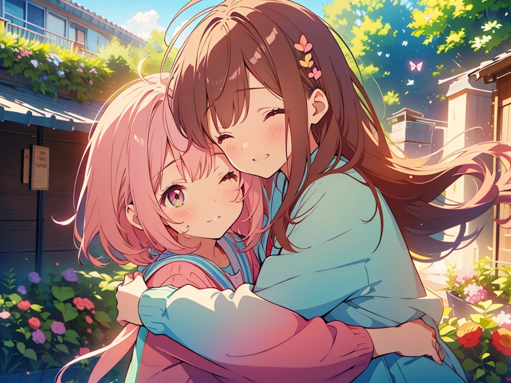 kawaii, anime, Cute, hyper quality, highly detailed, 8k, Clarity, Two girls with brown hair and pink hair, One person has long dark brown hair and green eyes., The other is a young girl with a bright pink short bob and scarlet eyes., Hug each other in Europe's natural water gardens, shed tears, A touching reunion, warm atmosphere, clear blue sky, jump on, whole body, clear air, planted flowers and greenery, Draw facial expressions in detail, highlight on eyes, Close your eyes and cry and laugh, pull perspective, hoodie, Uplifting, jump and hug, Draw the whole body of both of them, light dances, pink hair, Netherlands, pick up a , A small butterfly of light dances, with pink hair and short bob,