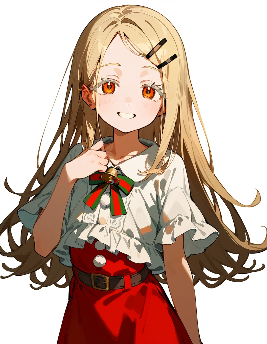 Highest quality, masterpiece, No correction, Beark 1 dhibi girl,shinosawa hiro,thin,Orange eyes,White eyelashes,Blonde,Long Hair,Hair Clip,cros hair clip,flat chest,white background,mini red skirt,smile,santa costume,