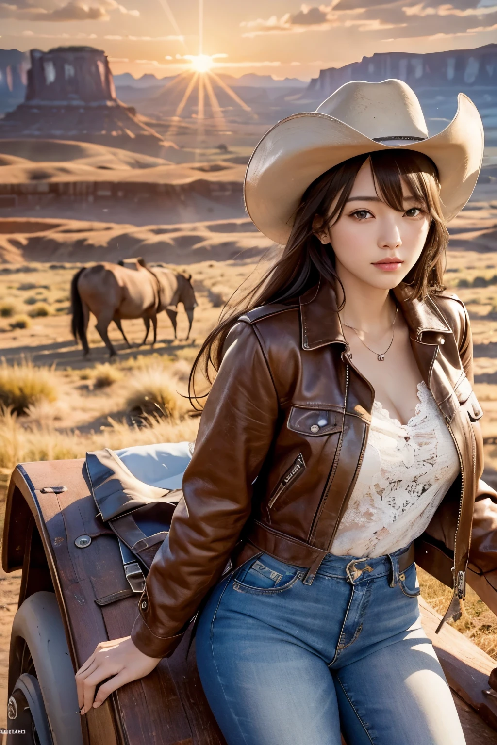 digital portrait, realistic depiction of the human body, RAW photo, one weasten cow girl, gentle gray eyes, plump lips, An ennui look, huge firm bouncing busts, Long brown hair, horse riding, (((Cowboy hat, Worn brown leather jacket, Lace shirt, Jeans short pants, Leather cowboy boots))), highest quality, super resolution, master piece:1.5, medium depth of field, 50ｍｍlens, cinematic lighting, Backlight, professional photographer, , Monument Valley, vast ranch, Sunset, sunset, Herd of cows, Wagon