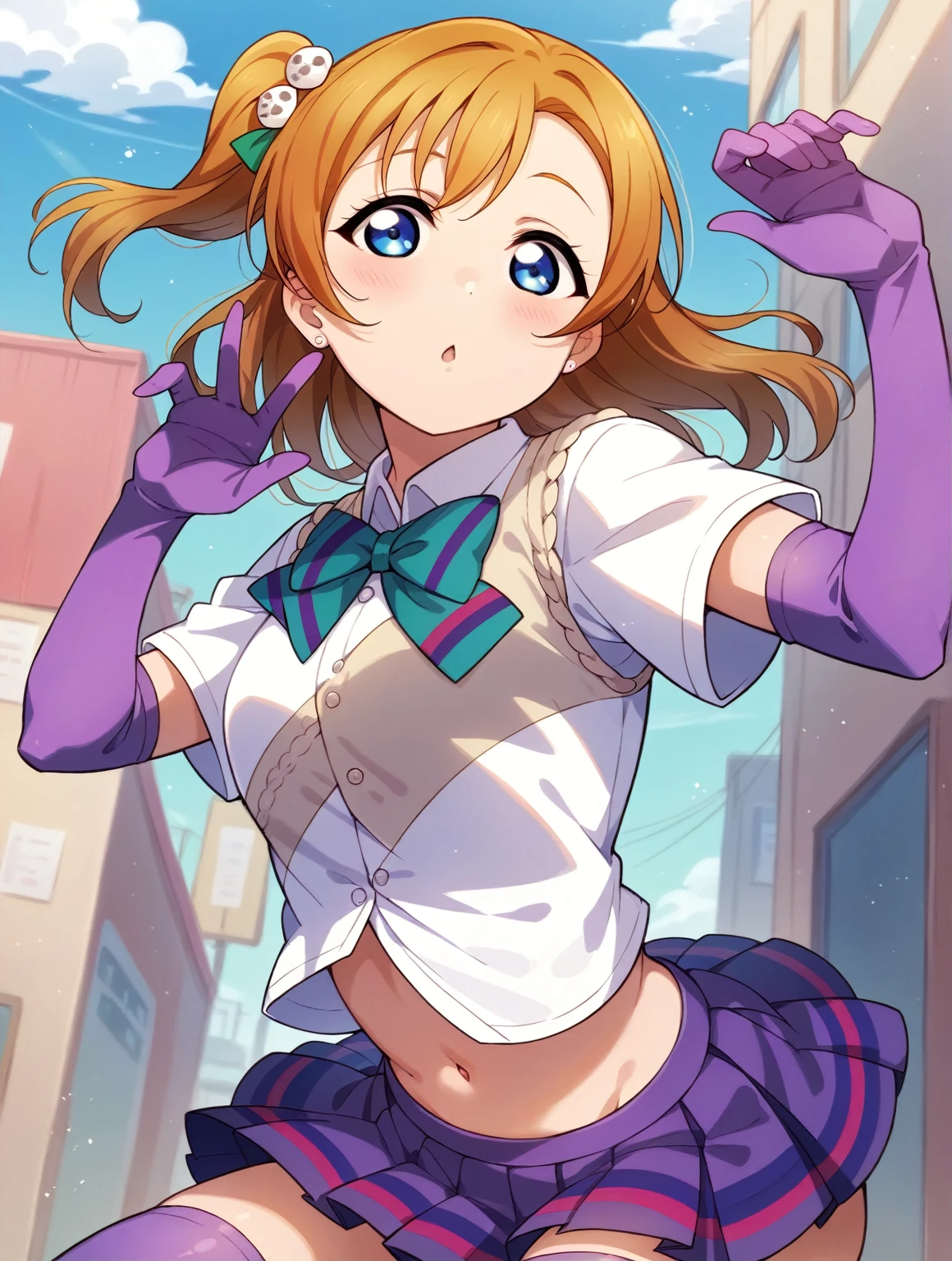 (Masterpiece, Best Quality, High Quality), Kousaka honoka, purple elbow gloves, white top,short sleeves, micro pleated skirt, purple skirt, light purple thighhighs, midriff , love live , blue eyes