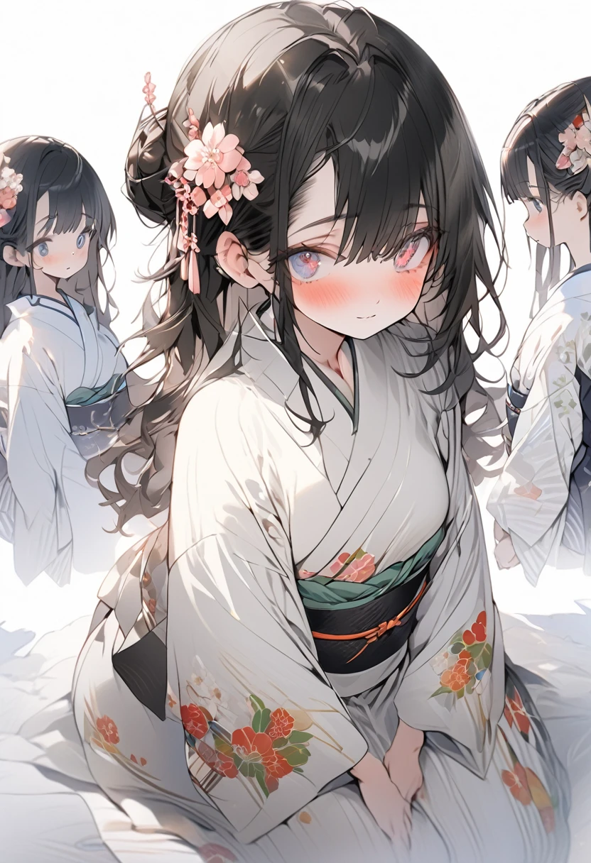Full body, wearing loose floral yukata, beautiful glossy black obi, masterpiece, hot and languid expression, 8K quality, black hair, hair down in patches in front, hair in back in a bun, flower hair ornament, cute, tale-eyed eyes like Japanese anime.