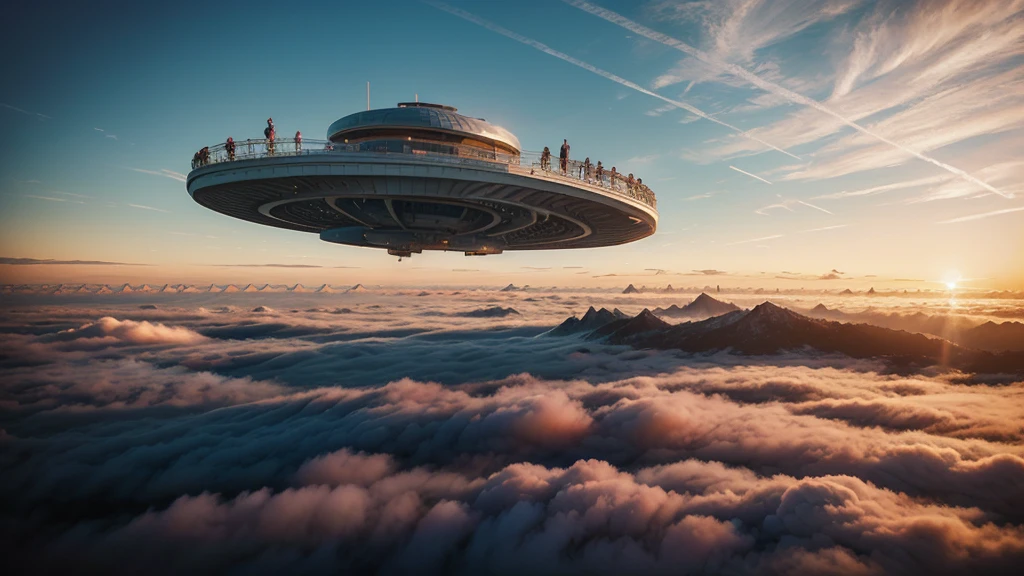 The stunning painting features a surreal landscape with an ethereal city floating above the clouds. The city is connected to the land by a complex series of bridges, with people walking or flying between them. The color palette is a mix of warm and cool tones, with bright reds, oranges, pinks and blues. The overall mood of the painting is beautiful and whimsical, inviting the viewer to imagine possible alternative realities
