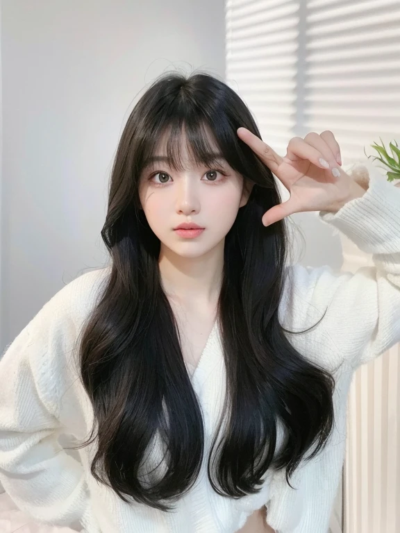 Black long hair，Big black waves，Air bangs，Clear hair，Fluffy，Fine hair，Ultra-high resolution images，Picture quality HD