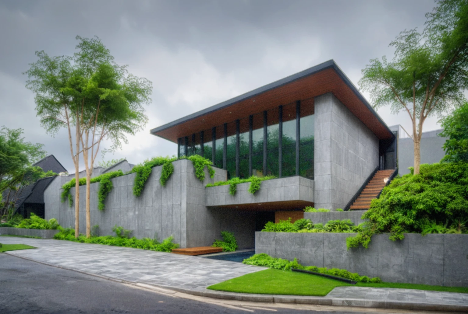 modern villa on street, (daylight), tropical tree, green shrub and plants, vivid color, streetcapes, foggy, moody, large glass, solid concrete, minimalist design, brigth grey tone, large glass door, warm interior lighting, modern material, best quality, ultra realistic, masterpiece, 
