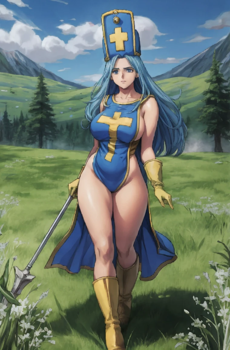 masterpiece, best quality, ultra-detailed, illustration, sage_(dq3), 1girl, (holding staff, staff:1.3), solo, long hair, blue hair, long blue mitre, blue eyes, large breasts, yellow gloves, (skintight fullbody orange leotard:1.2), blue front dress, yellow boots, holding out her priestess mace, standing, full body, grass, wind lift, simple background - nature background, BREAK, JRPG-style surrounded by slime monsters on the open meadow:1.2, battle-stance, 