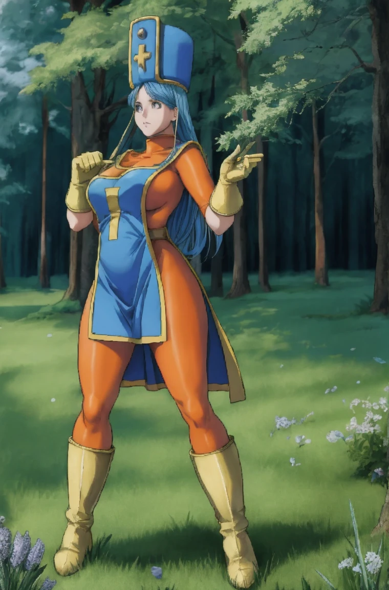 masterpiece, best quality, ultra-detailed, illustration, sage_(dq3), 1girl, (holding staff, staff:1.3), solo, long hair, blue hair, long blue mitre, blue eyes, large breasts, yellow gloves, (skintight fullbody orange leotard:1.2), blue front dress, yellow boots, holding out her priestess mace, standing, full body, grass, wind lift, simple background - nature background, BREAK, JRPG-style surrounded by slime monsters on the open meadow:1.2, battle-stance, 