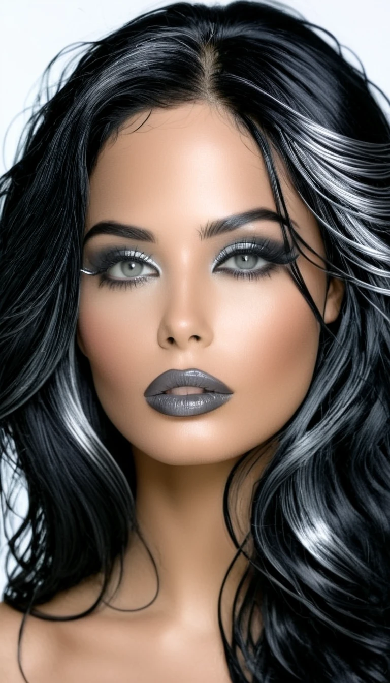 1 Aubade girl, Magnificent, sublime hair with long fine and wavy black hair with wet effect, yeux gris argenté brillants, black eyeliner, (chrome gray lips), sensual lips slightly parted, (regard intense et affirmé)