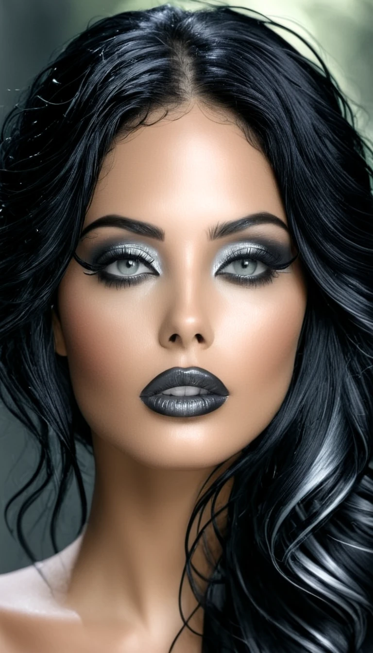 1 Aubade girl, Magnificent, sublime hair with long fine and wavy black hair with wet effect, yeux gris argenté brillants, black eyeliner, (chrome gray lips), sensual lips slightly parted, (regard intense et affirmé)