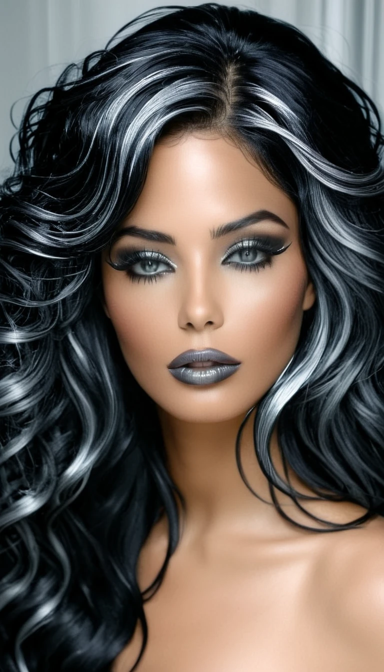 1 Aubade girl, Magnificent, sublime hair with long fine and wavy black hair with wet effect, yeux gris argenté brillants, black eyeliner, (chrome gray lips), sensual lips slightly parted, (regard intense et affirmé)