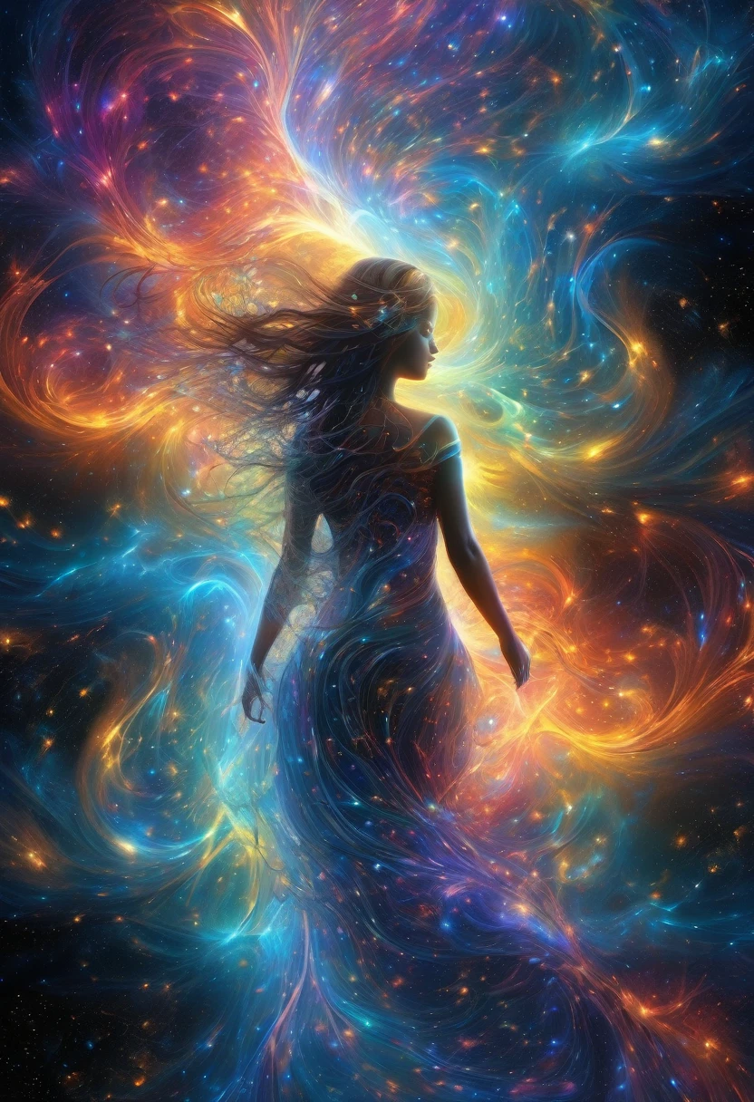 an incredible and spectacular scene of a female figure emerging from a luminous cloud, fractal threads of nebula enveloping her breasts and hips, cosmic entities, celestial, cosmic, vibrating and bright, vortices, swirling, unrealistic, high contrast, symbolism, magical, mystical, mystifying, hyperrealistic, oversaturated, colorful