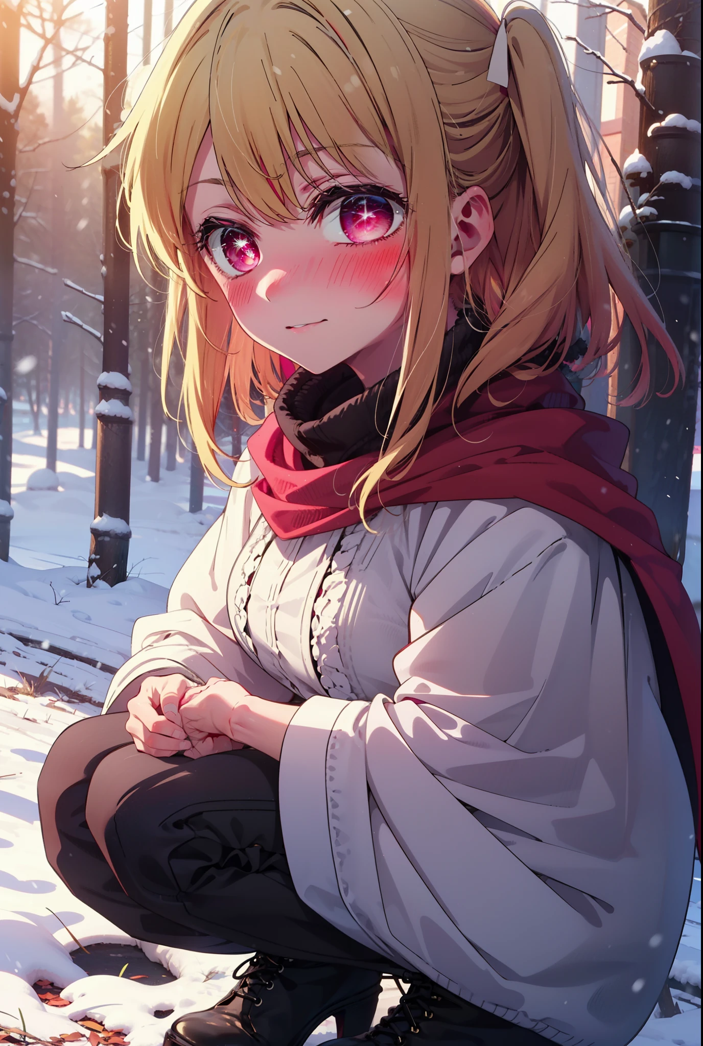 rubyhoshino, Hoshino Ruby, Long Hair, bangs, blonde, (Pink Eyes:1.3), Side Lock, (Symbol-shaped pupil:1.5), Multicolored Hair, Two-tone hair, smile,,smile,blush,white breath,
Open your mouth,snow,Ground bonfire, Outdoor, boots, snowing, From the side, wood, suitcase, Cape, Blurred, , forest, White handbag, nature, Squat, Mouth closed, Cape, winter, Written boundary depth, Black shoes, red Cape break looking at viewer, Upper Body, whole body, break Outdoor, forest, nature, break (masterpiece:1.2), Highest quality, High resolution, unity 8k wallpaper, (shape:0.8), (Beautiful and beautiful eyes:1.6), Highly detailed face, Perfect lighting, Highly detailed CG, (Perfect hands, Perfect Anatomy),