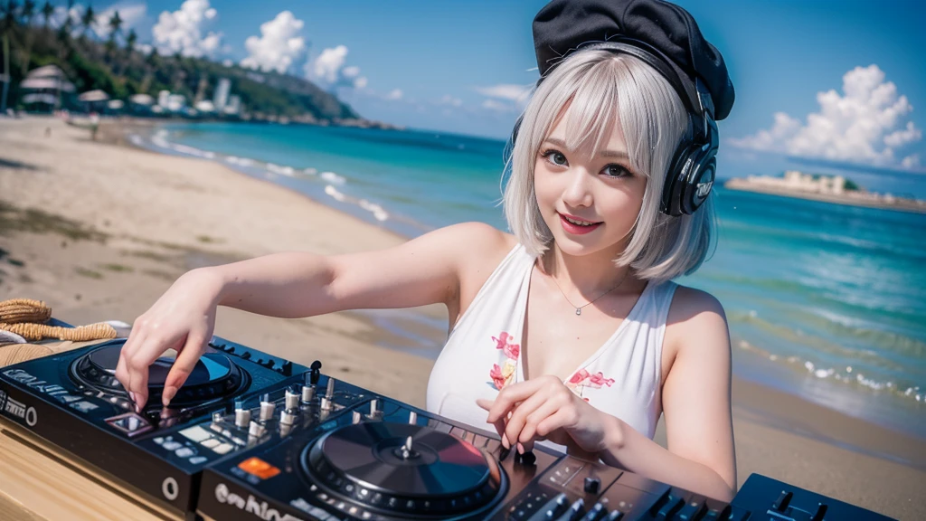 (ultra - detailed, 16K resolution, Cinema lenses, rendering by octane), (high resolution:1.18), intricate detail, (masterpiece:1.1), (highest quality:1.1), (1girl, portrait, white hair, blue eyes, short hair, detailed eyes),Wearing silver DJ headphones, sequined T-shirt, (in the beach:1.5), (Iconic hip-hop pop costumes:1.3), Smile while DJing on stage, DJ studio next to the beach, ((A stylish DJ stage on a hill overlooking the beach)), full body shot, Photorealistic photography by Sunshine, (cute round face:1.3), perfect fingers, five fingers, beautiful hands, perfect hands. master peace, cute smile, Fixhand.