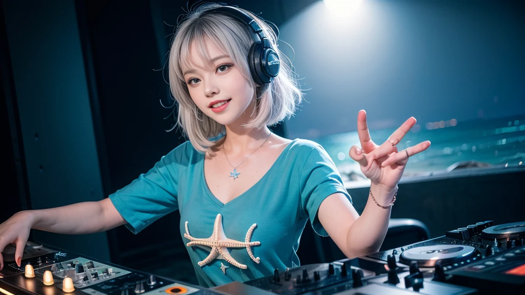 (ultra - detailed, 16K resolution, Cinema lenses, rendering by octane), (high resolution:1.18), intricate detail, (masterpiece:1.1), (highest quality:1.1), (1girl, portrait, white hair, blue eyes, short hair, detailed eyes),Wearing silver DJ headphones, sequined T-shirt, (in the beach:1.5), (Iconic hip-hop pop costumes:1.3), Smile while DJing on stage, DJ studio next to the beach, ((A stylish DJ stage on a hill overlooking the beach)), full body shot, Photorealistic photography by Sunshine, (cute round face:1.3), perfect fingers, five fingers, beautiful hands, perfect hands. master peace, cute smile, Fixhand.
