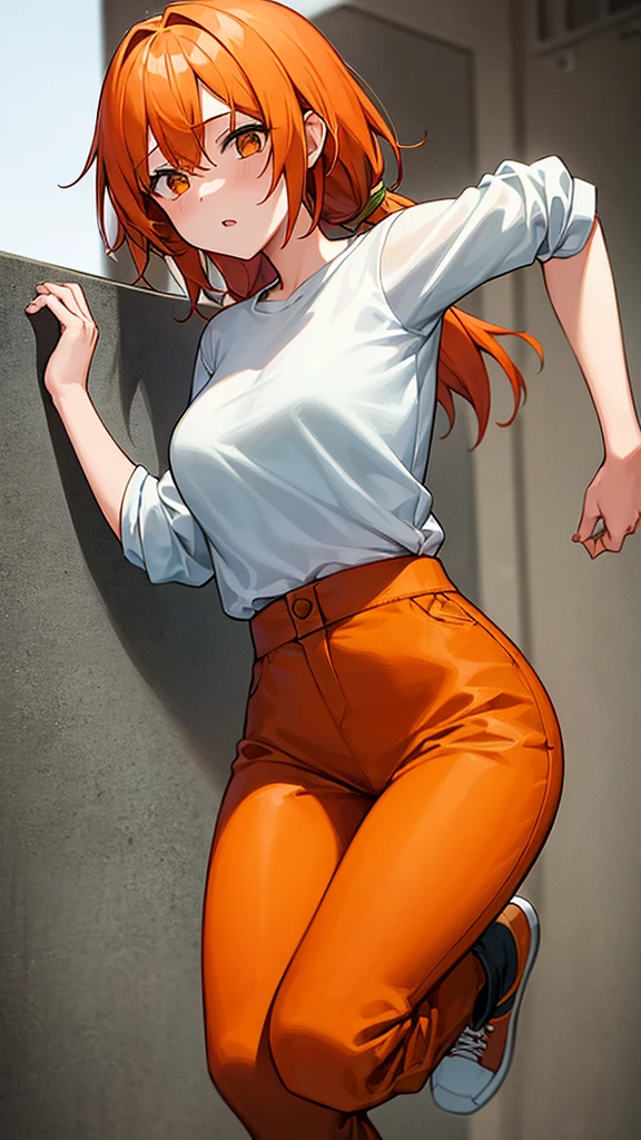 1girl, bandaged , orange hair, long green pants, jump