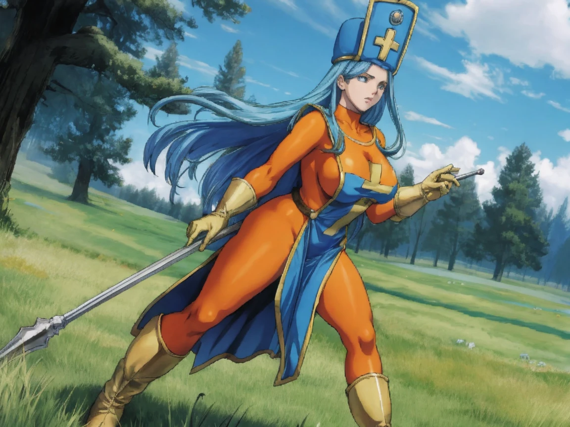 masterpiece, best quality, ultra-detailed, illustration, sage_(dq3), 1girl, (holding staff, staff:1.3), solo, long hair, blue hair, long blue mitre, blue eyes, large breasts, yellow gloves, (skintight fullbody orange leotard:1.2), blue front dress, yellow boots, holding out her priestess staff, standing, full body, grass, wind lift, simple background - nature background, BREAK, JRPG-style surrounded by monsters on the open meadow, battle-stance, 