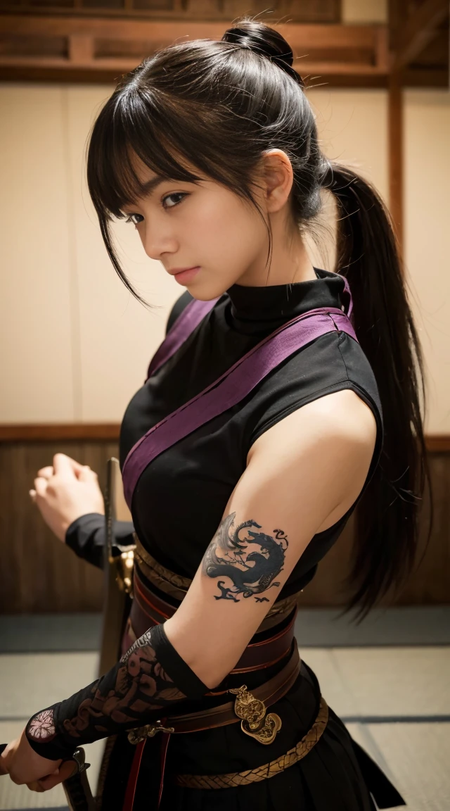 ２０Year、beautiful,、Cute Girls、The appearance of the Kunoichi、dragon tattoo on body、Hold the Japanese sword in front of your body、Pull out your sword and hold it、