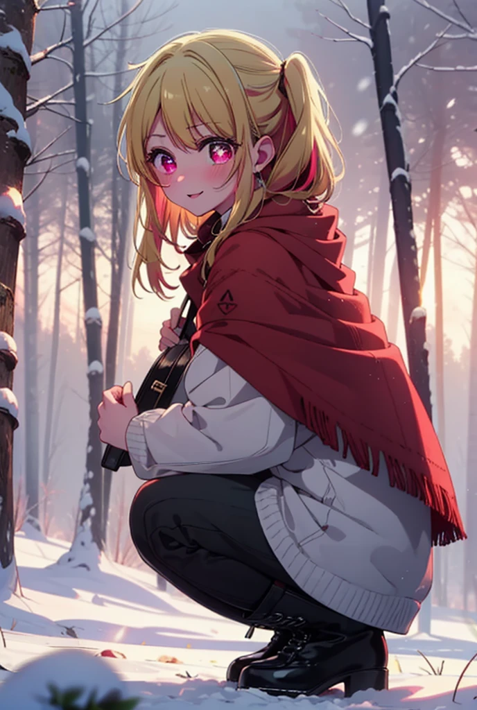 rubyhoshino, Hoshino Ruby, Long Hair, bangs, blonde, (Pink Eyes:1.3), Side Lock, (Symbol-shaped pupil:1.5), Multicolored Hair, Two-tone hair, smile,,smile,blush,white breath,
Open your mouth,snow,Ground bonfire, Outdoor, boots, snowing, From the side, wood, suitcase, Cape, Blurred, , forest, White handbag, nature,  Squat, Mouth closed, Cape, winter, Written boundary depth, Black shoes, red Cape break looking at viewer, Upper Body, whole body, break Outdoor, forest, nature, break (masterpiece:1.2), Highest quality, High resolution, unity 8k wallpaper, (shape:0.8), (Beautiful and beautiful eyes:1.6), Highly detailed face, Perfect lighting, Highly detailed CG, (Perfect hands, Perfect ???????),