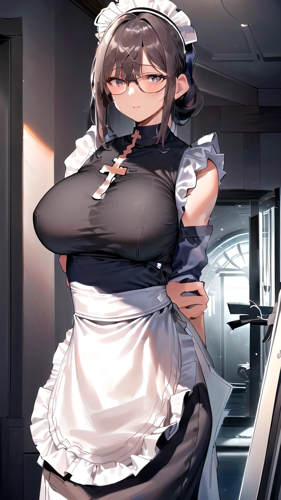 {{masterpiece}},high quality, 4K, 2D,1 girl,{simple gray background},(45 year old woman, female:1.7),standing,(sagging breast(gigantic breasts:1.3),.7), black hair,(chignon:1.2),1 braid,impossible clothes, {from right in front of face and body},{front facing shot},Wear glasses,inside the room,upper body,(cross arms in front:2)