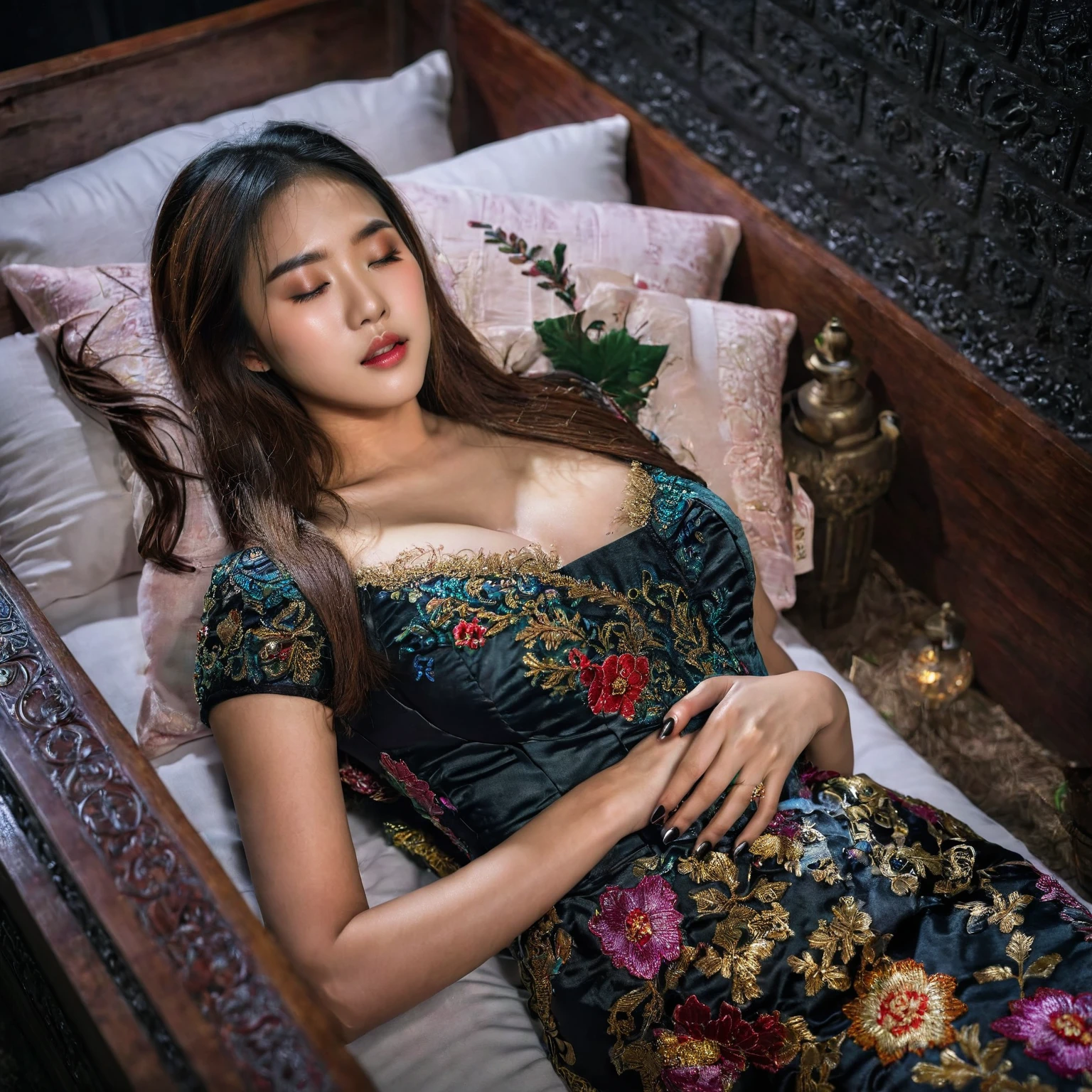In a striking 8K HDR scene, a stunning Korean woman, 22 years old, lies peacefully in a black coffin surrounded by plush pillows. The deep box is set against a rich black background, accentuating the beauty of the subject. Her exquisite kebaya with sleeve attire is embroidered with superb detail, showcasing her round and firm breasts, perfect cleavage, and beautiful eyebrows. Her closed eyes and mouth give an air of serenity, while her visible and absolute cleavage leave nothing to imagination. The scene is bathed in saturated colors, highlighting every intricate aspect from the ball skirt to her clean face, straight body, detailed hand perfect hands, straight body.