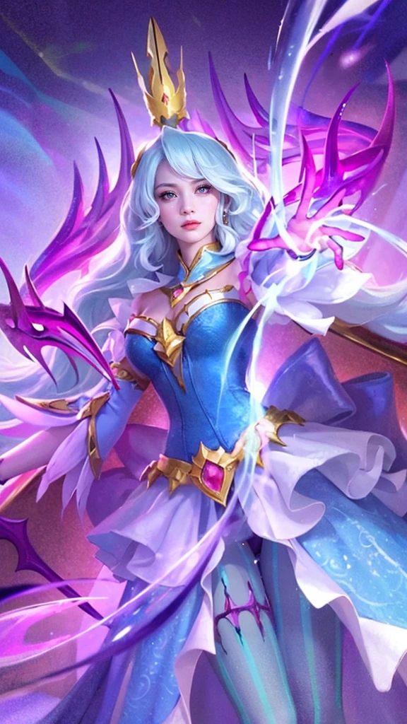 (8k, RAW photo, photorealistic:1.25) , red lipgloss, glosace, glossy skin, depth of field, chromatic aberration, caustics, Broad lighting, natural shading, a girl in a blue dress with a crown and a sword, beautiful celestial mage, mobile wallpaper, mystical atlantean valkyrie, ultra hd, ultra detailed texture, hyper realistic, detailed texture, detailed face, detailed skin, detailed lighting, best quality, beautiful lighting, cinematic lighting, professional lighting, ultra highres, realistic, detailed hair, real hair, white hair, high quality, (realskin:1.5), extremely detailed, finely detail, ultra-detailed, detail eyes, cinematic background, red eye