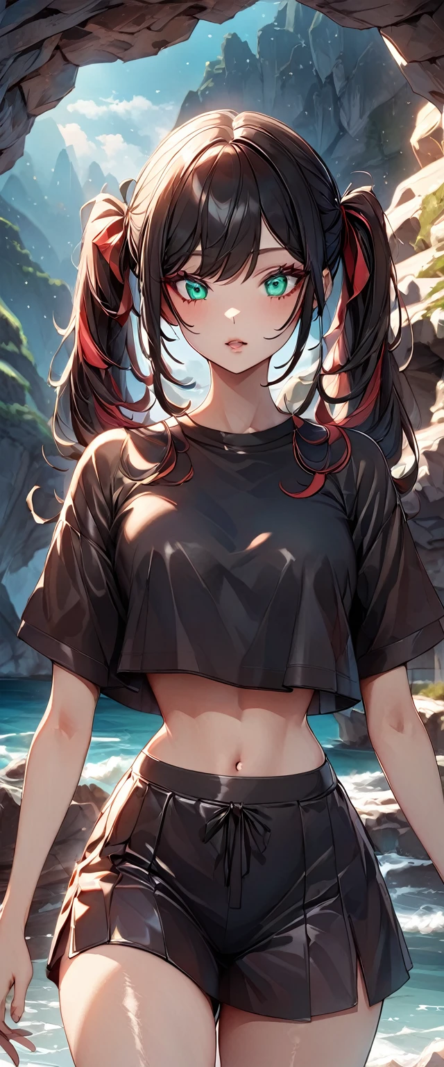 Photo of a woman with natural skin, ((Baby Face)), Round face, A woman wearing mainly black and red, Cowboy Shot, Seaside cave, The light is shining in, High Twintails, Black hair with red mesh, Sharp eyes with red eyeshadow, Blue-green eyes, Shining eyes, A thin, upturned nose, Well-shaped lips, ((crop top overhang, Short sleeve, Black clothes, Thighs, Glamour body)), Makeup, Exquisitely crafted with the utmost attention to detail, Vibrant, amazing, Smooth, Cinematic, 4K, Backlight, (()), Shallow depth of field, ((Detailed eyes:1.3, Detailed lips:1.3, high quality, )), masterpiece, Super detailed images, High quality