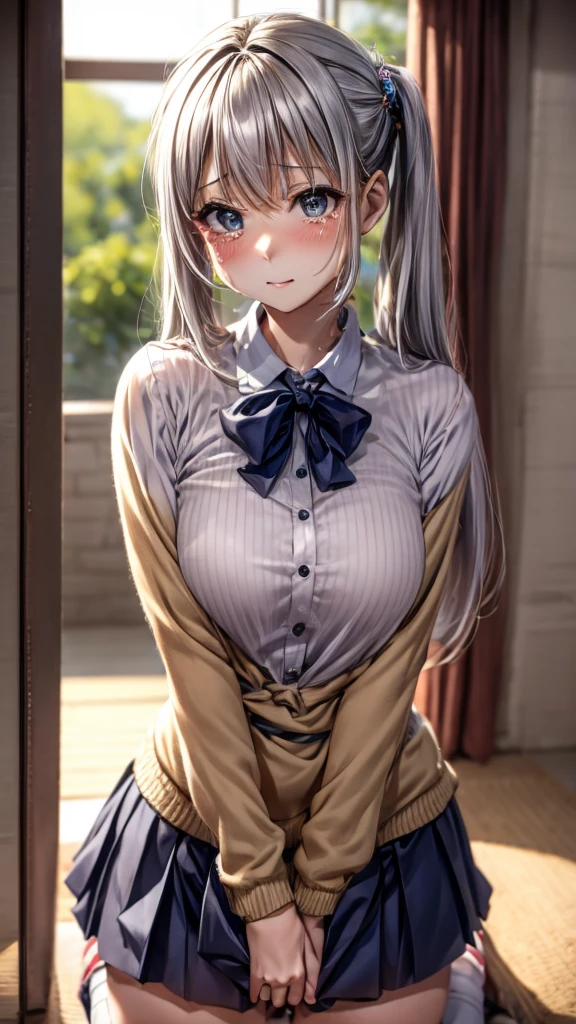 自分でPeeをする, Peeしたい, anime, looking at the camera, Embarrassing, blush, Peeの染み, Peeの染み on skirt, Pee, 黄色いPee, tears, Are crying, Out of breath, sweating, Grey Eyes, Silver Hair, One Girl