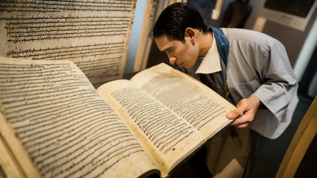 A middle-aged man reading the Bible、archeology、Hebrew、Open Bible、Historical documents、Bible Manuscripts、Outdated、museum、high resolution