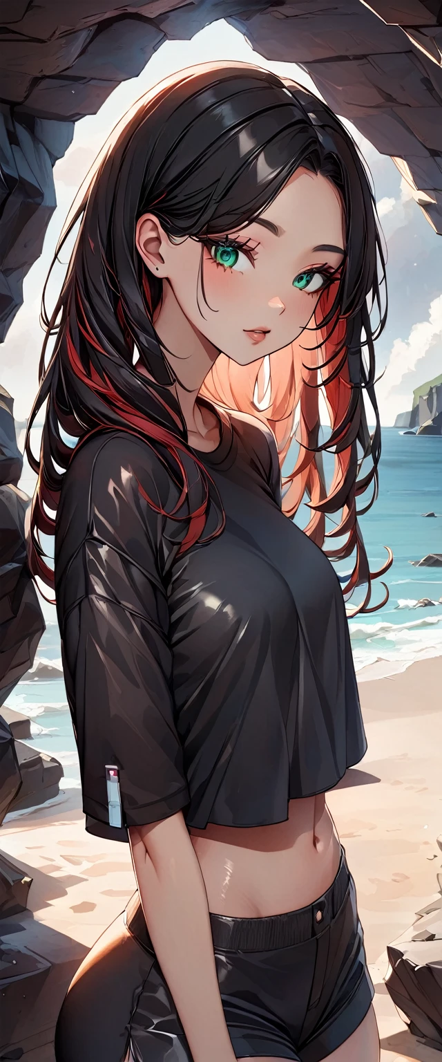Realistic, photograph, 自然な肌をした女の子のphotograph, ((High Twintails)), , ((Baby Face)), Smiling, ((Sitting, Leaning forward)), From the side, Round face, Red mesh hair, ((Upper Body)), Beach cave, The light is shining in, Black hair with red mesh, Sharp eyes with red eyeshadow, Blue-green eyes, Shining eyes, A thin, upturned nose, Well-shaped lips, ((crop top overhang, Short sleeve, Black clothes, Glamour body)), Makeup, Exquisitely crafted with the utmost attention to detail, Vibrant, amazing, Smooth, Cinematic, 4K, Backlight, (()), Shallow depth of field, ((Detailed eyes:1.3, Detailed lips:1.3, high quality, )), masterpiece, Super detailed images, High quality