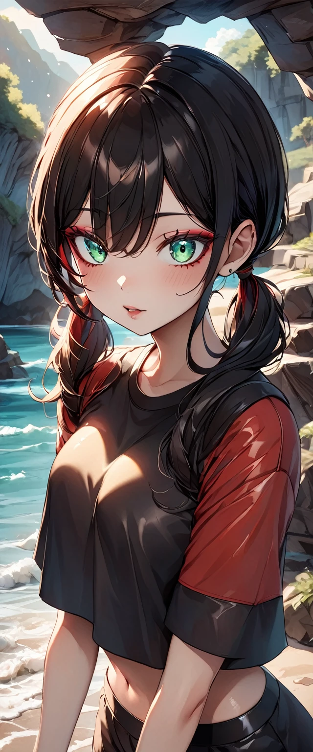 Photo of a woman with natural skin, Baby Face, A woman wearing mainly black and red, Upper Body, Seaside cave, The light is shining in, High Twintails, Black hair with red mesh, Sharp eyes with red eyeshadow, Blue-green eyes, Shining eyes, A thin, upturned nose, Well-shaped lips, Big Breasts, ((crop top overhang, Thighs, Glamour body)), Makeup, Exquisitely crafted with the utmost attention to detail, Vibrant, amazing, Smooth, Cinematic, 4K, Backlight, (()), Shallow depth of field, ((Detailed eyes:1.3, Detailed lips:1.3, high quality, )), masterpiece, Super detailed images, High quality