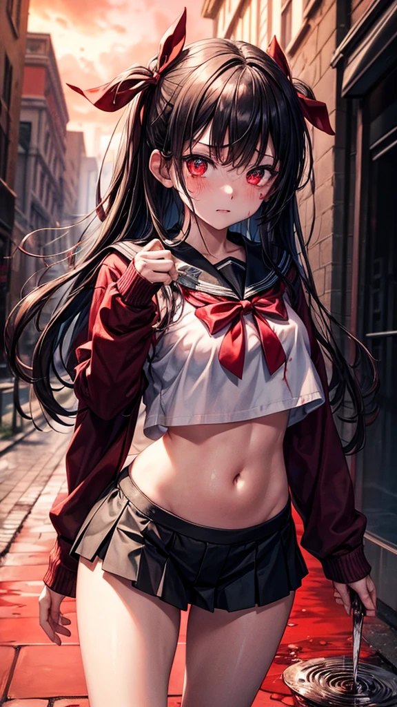masterpiece, best quality, looking at viewer, facing viewer, bare legs, 1girl, solo, upper big body, bow, serafuku, disgusted face, night time, heavy rain, outdoors, crop top, navel, wet clothes, drenched, overly long sleeves, hands in sleeves, blood tears, blood marks, dark alleyway, blood splattered on the ground, red bright light, glowing eyes, depth of field,holding a knife,red sky, atmofer,perfect hands