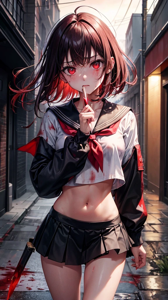 (masterpiece), (best quality), (ultra detailed), 1girl, (((running))), blowing hair, long hair, skirt, thighhighs, sailor school uniform, huge breasts, ((apocalyptic city)), (blood in the face), (blood), (((afraid))), athletic shaped, (zombie), white shirt, black skirt, skirt