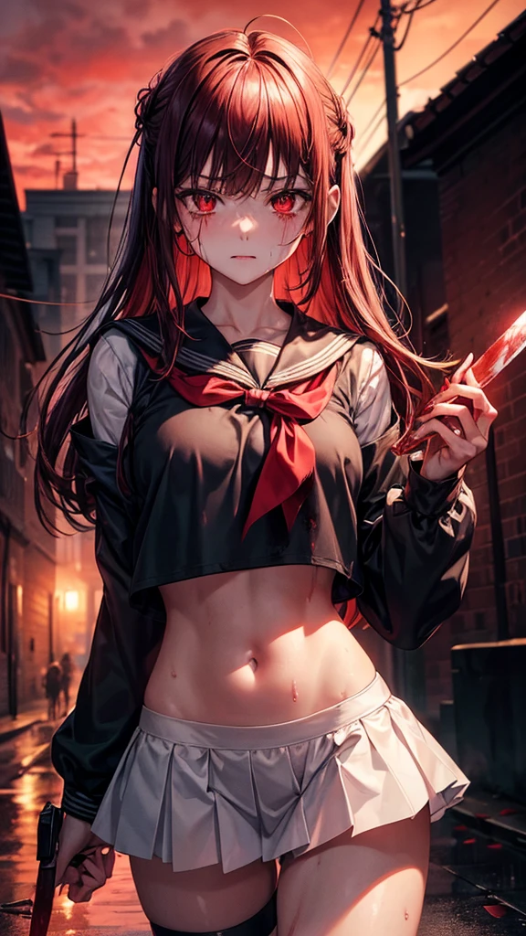 masterpiece, best quality, looking at viewer, facing viewer, bare legs, 1girl, solo, upper body, bow, serafuku, disgusted face, night time, heavy rain, outdoors, city, crop top, navel, wet clothes, drenched, overly long sleeves, hands in sleeves, blood tears, blood marks, dark alleyway, blood splattered on the ground, red bright light, glowing eyes, depth of field,holding a knife,red sky, atmofer,perfect hands