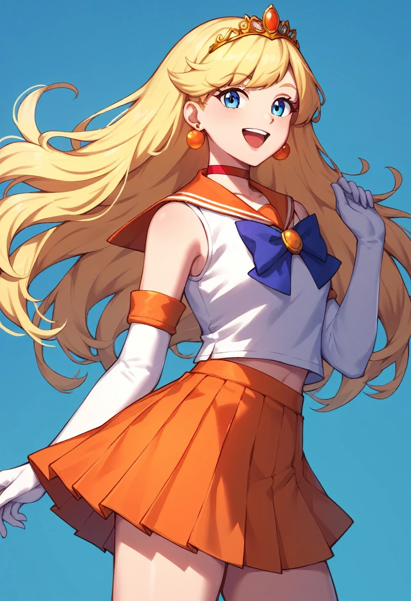 score_9, score_8_up, score_7_up,score_6_up, score_5_up, score_4_up , 1girl, solo, aavenus, long hair, blonde hair, hair bow, tiara, earrings, blue eyes, orange choker, orange sailor collar, blue bow, white shirt, elbow gloves, white gloves, pleated skirt, orange skirt, bare legs, aamars, long hair, black hair, tiara, earrings, red choker, red sailor collar, purple bowtie, white shirt, elbow gloves, white gloves, pleated skirt, red skirt, bare legs, happy, cowboy shot, simple background