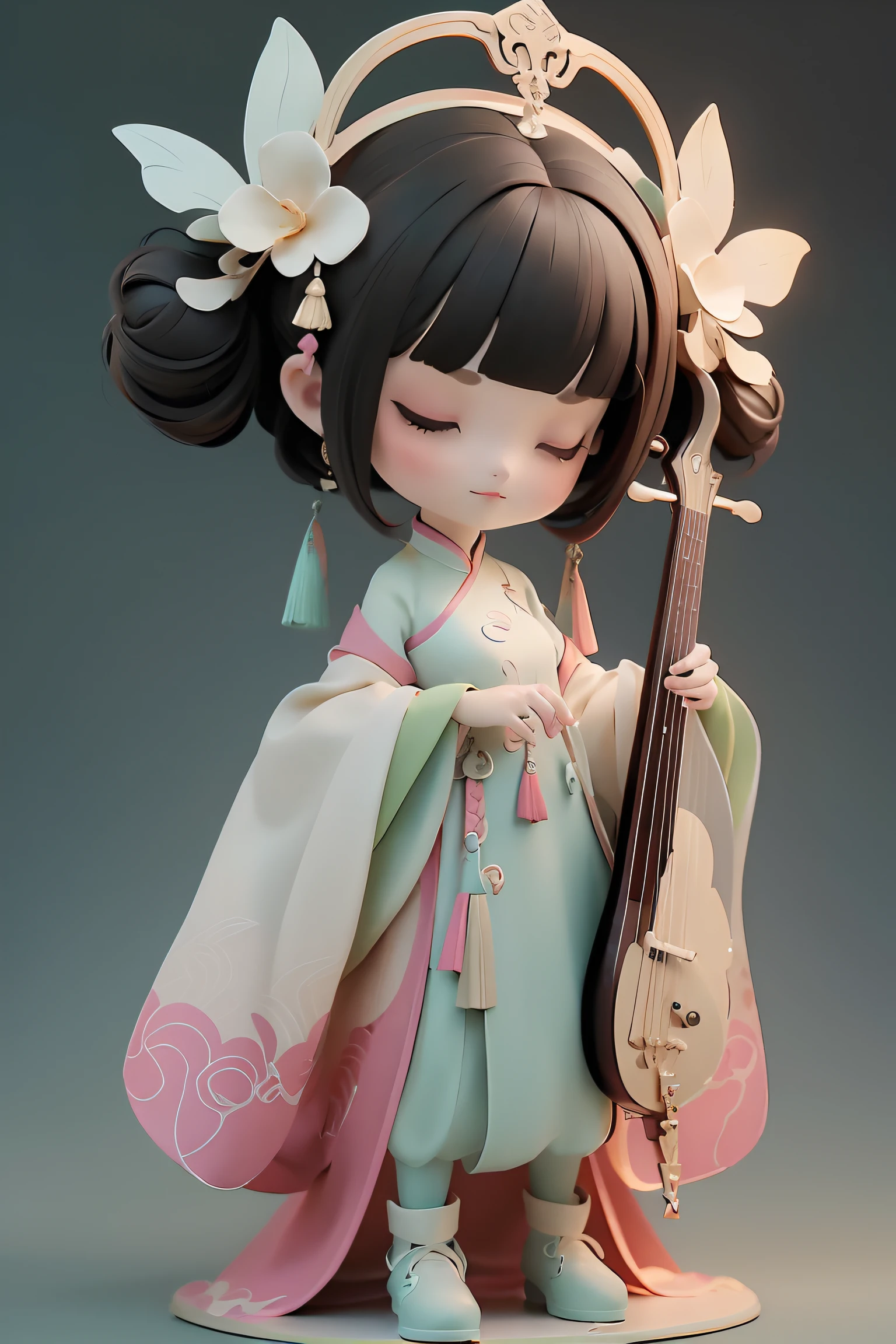 Qi Gu Feng, Game Icon研究所, Game Icon, 1 Girl, Solitary, Hair accessories, Black Hair, Close your eyes, Musical Instruments, flower, hair flower, Simple background, Long sleeve, cosmetic, White background, Keep, Hair Bun, Full body homosexuality, Qibi, green footwear, Chinese clothes, Bangs, Shut up, holding Musical Instruments, 单Hair Bun, music, Eyeshadow, Blunt Bangs, permanent, Wide sleeves, Green Dress