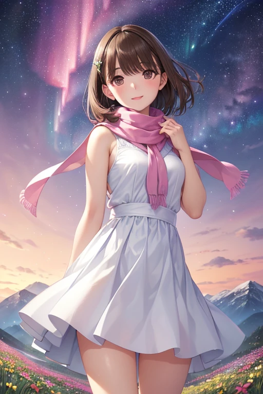 anegasaki nene、Shiny brown hair, short hair, (Beautiful brown eyes、Sparkling eyes, Fine grain)、smile、Ultra-detailed eyes、非常にDetailed face, Very detailed目,



masterpiece, Highest quality, Highest quality, Beautiful and aesthetic:1.2), Very detailed, Detailed clothing, Detailed clothing, Detailed face, 

(Extremely detailed CG),(((8k))),wallpaper,((Very sophisticated and beautiful)),(((masterpiece))),(((Highest quality))),(((Ultra-high resolution))),Beautiful lighting,Realistic shadows,(Smooth and perfect white skin:1.5),(Extremely detailed facial details:1.2),(Very detailed:1.5),((alone)),
(Pink scarf:1.3),(),(Small Head:1.2),(Narrow Face:1.2),(Exquisite makeup:1.3),(Happy:1.2),(Laughter:1.2),(Jasmac on the face:1.3),(necklace:1.2),(Perfect body:1.1),(Thin legs:1.2),(from the front:1.3),(Are standing:1.3),(Put your arms behind your back:1.2),(In the green meadow where colorful flowers bloom:1.5),(Many colors:1.5),(Cows and sheep:1.2),(boreal forest:1.2),(Snowy mountains in the distance:1.2),(Pink Sky:1.2),(Detailed Background:1.3),(Outdoor:1.3),(early summer:1.3),(Night view:1.5),(Red Aurora Borealis:1.3),(whole body:1.3)