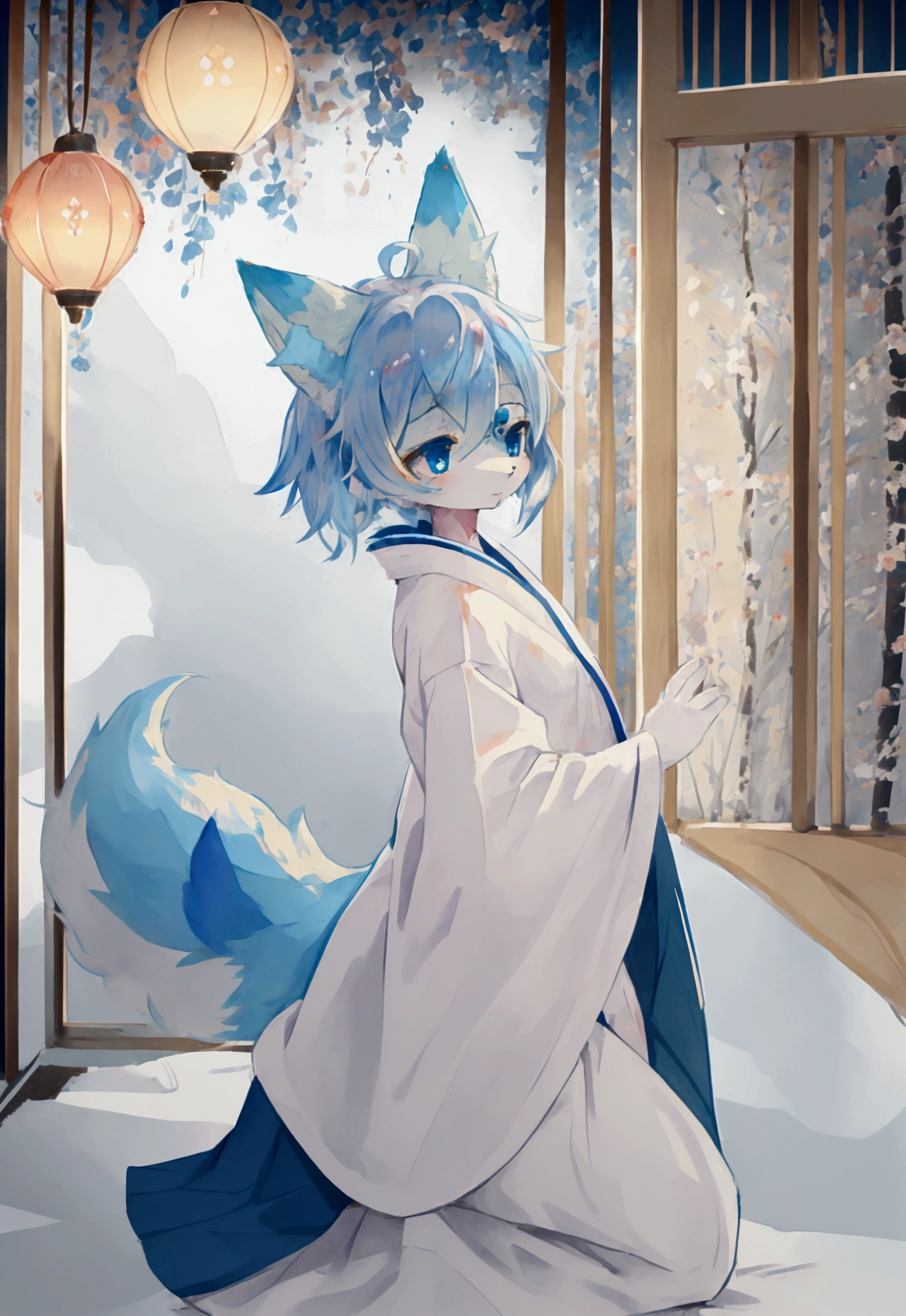 fox Light blue hair 　beast girl　indigo fur　fox beast girl　fox Light blue hair 　beast girl　indigo fur　fox beast girl　Wallpaper 4k,8k,highly detailled,,vivid colors,detailed kitsune with 9 tails,traditional Japanese artwork,tatami floor,beautiful cherry blossoms,floating lanterns,dark silhouette of a pagoda,subtle moonlight,dense forest,ethereal atmosphere,dappled sunlight,whimsical spirit,serene expression,elaborate kimono and obi,delicate hand-painted details,luminous eyes　Anime Style　fox　blue　White-faced golden-haired nine-tailed fox　Coat blue　　fox Light blue hair 　beast girl　indigo fur　fox beast girl　Anime Style　fox　blue　White-faced golden-haired nine-tailed fox　Coat blue　　　mysterious background　Blue Flame　girl　have a ball of light　fox Light blue hair 　beast girl　indigo fur　fox beast girl　mysterious background　Blue Flame　girl　have a ball of light Anime Style　fox　blue　White-faced golden-haired nine-tailed fox　Coat blue　　　mysterious background　Blue Flame　girl　have a ball of light