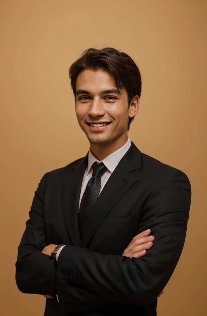 Frontal view , Portrait of man in black suit smiling , simple background editorial style highdefinition ultrarealistic details in the style of portrait photography