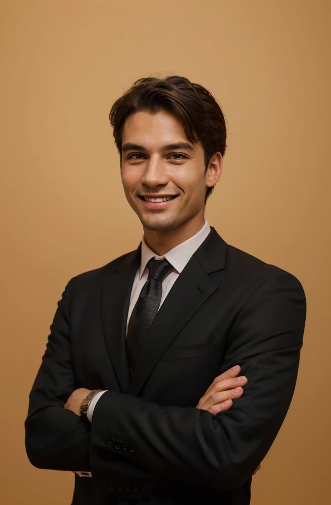 Frontal view , Portrait of man in black suit smiling , simple background editorial style highdefinition ultrarealistic details in the style of portrait photography