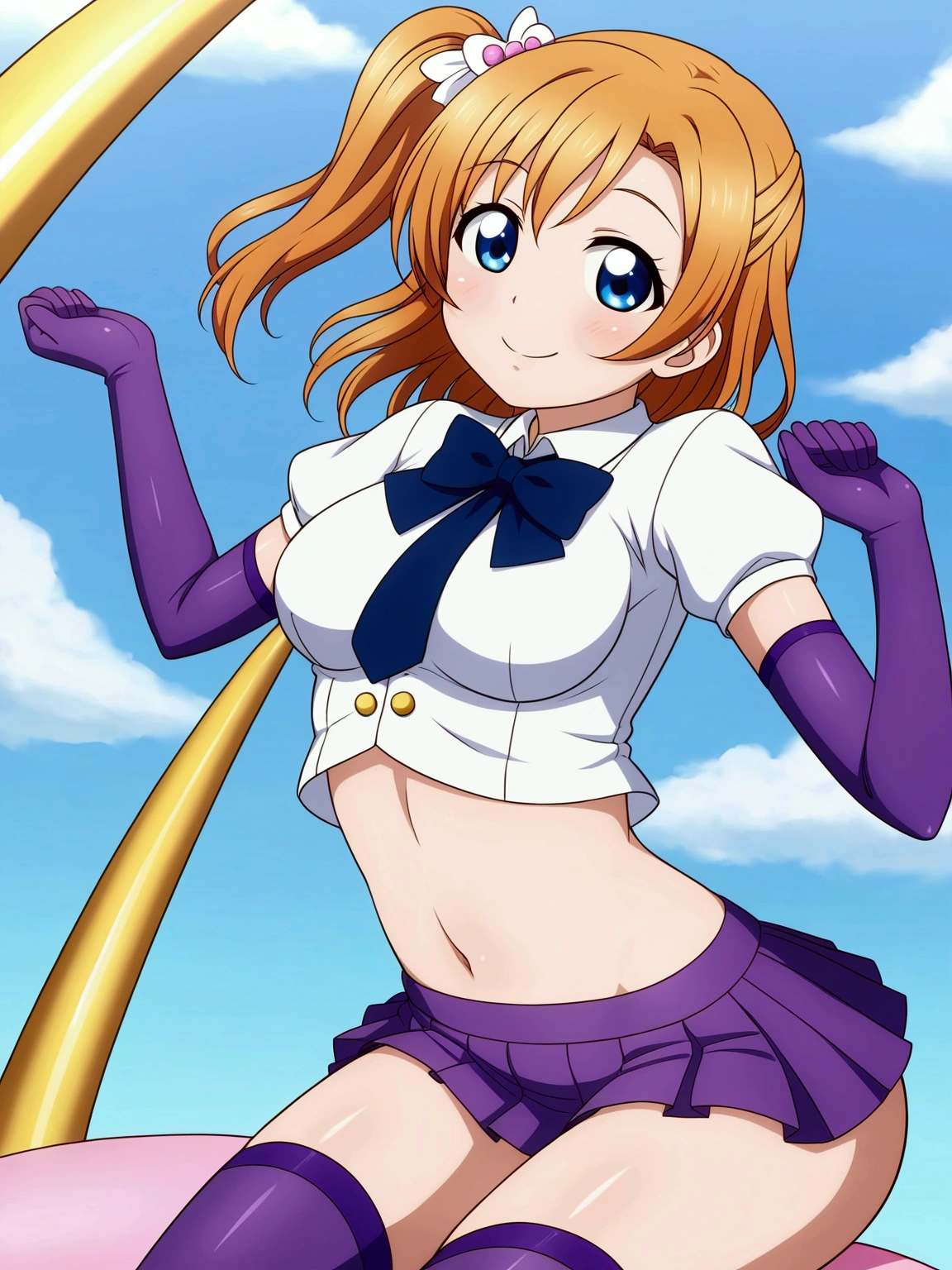 (Masterpiece, Best Quality, High Quality), Kousaka honoka, purple elbow gloves, white top,short sleeves, micro pleated skirt, purple skirt, light purple thighhighs, solo, midriff , blue eyes