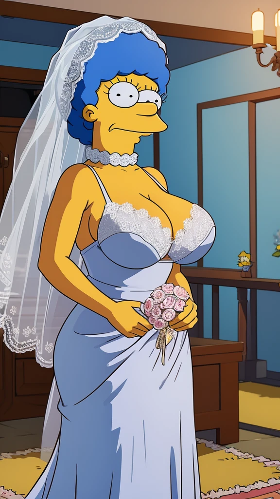 Marge Simpson with huge breasts with a micro bra and a wedding dress with a huge lace neckline with a veil and bouquet in the winter