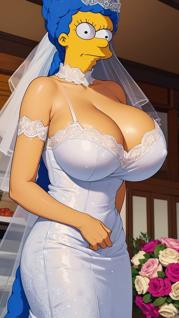 Marge Simpson with huge breasts with a micro bra and a wedding dress with a huge lace neckline with a veil and bouquet in the winter
